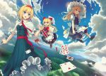  2girls alice_margatroid apron bangs black_skirt blonde_hair blue_dress blue_eyes blue_sky blush book bow braid breasts broom broom_riding capelet card cleavage clouds cloudy_sky culter doll dress flying frilled_skirt frills hair_bow hairband hat kirisame_marisa landscape long_hair looking_at_viewer multiple_girls open_mouth outdoors playing_card puffy_sleeves red_ribbon ribbon shanghai_doll shoes short_hair side_braid single_braid skirt skirt_set sky smile touhou vest white_bow witch_hat yellow_eyes 