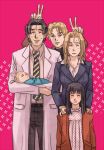  2girls 3boys anna_liebert awkward black_hair blonde_hair brother_and_sister clover_(rubbersoul) facial_hair if_they_mated jacket johan_liebert long_hair monster_(manga) multiple_boys multiple_girls siblings sweatdrop tenma_kenzou turtleneck 