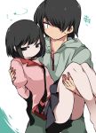  1boy 1girl araragi_koyomi ass black_eyes black_hair carrying hammer_(sunset_beach) hood hoodie juliet_sleeves long_sleeves looking_away monogatari_(series) oshino_ougi owarimonogatari princess_carry puffy_sleeves school_uniform shirt short_hair shy skirt upskirt 