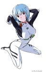  1girl 2016 ahoge arms_up artist_name arumi_(arumi-ke) ayanami_rei blue_hair bodysuit breasts closed_mouth dated hairpods head_tilt neon_genesis_evangelion number orange_hair plugsuit red_eyes short_hair simple_background sitting skin_tight smile solo tareme two_side_up wariza white_background 
