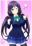  1girl green_eyes grin jam_(jam0601) long_hair love_live!_school_idol_project low_twintails one_eye_closed purple_hair school_uniform smile solo thigh-highs toujou_nozomi twintails 