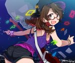  1girl album_cover ass bracelet brown_eyes brown_hair casual cover electric_guitar fedora glasses guitar hat instrument inuinui jewelry looking_back red-framed_glasses shorts solo touhou usami_sumireko 