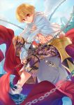  1boy blonde_hair chain child child_gilgamesh fate/grand_order fate_(series) gilgamesh jacket looking_at_viewer navel open_clothes open_jacket outdoors red_eyes short_hair solo tenkuu_sphere torn_jacket white_jacket 