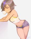  1girl 2015 big_hero_6 black_hair bubble_blowing bubblegum eyeshadow gogo_tomago makeup multicolored_hair shatou_(c-com) short_shorts shorts solo sports_bra streaked_hair tank_top twitter_username 