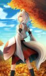  1girl animal_ears autumn_leaves bare_shoulders detached_sleeves hat highres inubashiri_momiji leaf looking_at_viewer looking_back maple_leaf pom_pom_(clothes) red_eyes shield short_hair silver_hair solo tail tokin_hat touhou tsukasa_(sntoriink) wide_sleeves wolf_ears wolf_tail 