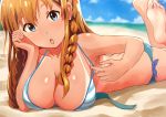  1girl aqua_eyes barefoot bikini bikini_tan braid breasts brown_hair hayamaso idolmaster idolmaster_million_live! kousaka_umi long_hair soles solo swimsuit tan tanline 