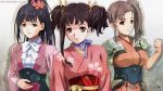  3girls ayame_(kabaneri) choker highres japanese_clothes kajika_(kabaneri) kimono koutetsujou_no_kabaneri looking_at_viewer multiple_girls mumei_(kabaneri) nolia ribbon_choker smile 