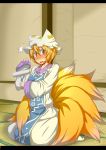  /\/\/\ 1girl blonde_hair blush commentary_request dress embarrassed fox_tail frills hat highres kneeling kyuubi lint_roller long_sleeves looking_at_viewer mob_cap multiple_tails nose_blush pillow_hat short_hair solo surprised tabard tail tamahana touhou wavy_mouth white_dress wide_sleeves yakumo_ran yellow_eyes 