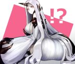  1girl ass bare_shoulders breasts claws detached_sleeves dress horn kantai_collection large_breasts long_hair looking_at_viewer looking_back ribbed_dress seaport_water_oni shinkaisei-kan short_dress sitting solo very_long_hair weasel_(close-to-the-edge) white_hair 