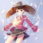  1girl brown_hair fire japanese_clothes kantai_collection kariginu magatama motion_lines outstretched_arms pensuke pleated_skirt ryuujou_(kantai_collection) shikigami skirt solo spread_arms twintails visor_cap yellow_eyes 
