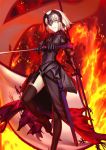  1girl armor armored_dress black_legwear blonde_hair fate/grand_order fate_(series) gauntlets holding holding_sword holding_weapon jeanne_alter long_hair ruler_(fate/apocrypha) ruler_(fate/grand_order) short_hair solo sword takeuchi_takashi thigh-highs weapon yellow_eyes 