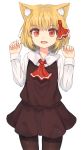  1girl :d animal_ears black_legwear blonde_hair cat_ears fang hair_ribbon highres kemonomimi_mode long_sleeves miniskirt open_mouth pantyhose paw_pose red_eyes red_ribbon ribbon rumia shone short_hair skirt skirt_set smile solo touhou vest 