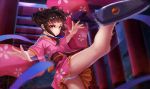  1girl brown_hair japanese_clothes kicking kimono koutetsujou_no_kabaneri l.bou looking_at_viewer md5_mismatch mumei_(kabaneri) ribbon short_hair solo spinning_bird_kick twintails 