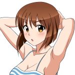  1girl :o armpits arms_behind_head arms_up bare_shoulders bikini bikini_top blush breasts brown_eyes brown_hair cleavage eyebrows eyebrows_visible_through_hair hagiwara_yukiho highres idolmaster looking_at_viewer open_mouth short_hair simple_background solo striped striped_bikini swimsuit tokage_(lovemaster9029) upper_body white_background 
