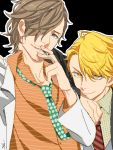  2boys arm_on_shoulder blonde_hair brown_eyes brown_hair byon cigarette facial_hair hair_over_one_eye idolmaster idolmaster_side-m leaning_on_person looking_at_viewer maita_rui male_focus multiple_boys necktie polka_dot_necktie smile smoking striped striped_necktie stubble yamashita_jirou yellow_eyes 