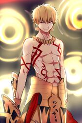  1boy abs armor blonde_hair ea_(fate/stay_night) fate/grand_order fate/stay_night fate_(series) gate_of_babylon gauntlets gilgamesh greatpengh highres holding holding_weapon jewelry looking_at_viewer male_focus necklace open_mouth red_clothes red_eyes smile solo tattoo topless 