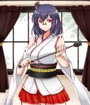  1girl bare_shoulders bespectacled black_hair breasts commentary_request curtains detached_sleeves floral_print glasses hair_ornament headgear japanese_clothes kantai_collection kuon_(nokokopopo) large_breasts nontraditional_miko pleated_skirt red_eyes red_skirt riding_crop semi-rimless_glasses short_hair skirt smile solo wide_sleeves window yamashiro_(kantai_collection) 