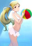  1girl :o ball beachball bikini bikini_skirt blonde_hair blush breasts cleavage earrings grey_hair handa_roko hayamaso idolmaster idolmaster_million_live! jewelry long_hair looking_at_viewer navel side_ponytail solo swimsuit twintails yellow_eyes 