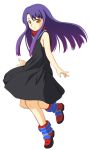  1girl ankle_boots bare_arms beatrice_(wild_arms) black_dress boots breasts dress from_side full_body kirikaze_rushika long_hair purple_hair sidelocks simple_background sleeveless sleeveless_dress solo source_request turtleneck white_background wild_arms wild_arms_3 yellow_eyes 