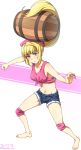  1girl bare_shoulders barefoot barrel blonde_hair breasts cleavage denim denim_shorts dixie_kong dixie_kong_(cosplay) donkey_kong_country donkey_kong_country_2 earrings gundam gundam_tekketsu_no_orphans highres jewelry kanden_suki kudelia_aina_bernstein long_hair looking_at_viewer midriff navel parody ponytail shorts solo violet_eyes 