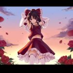  1girl armpits arms_behind_head arms_up ascot black_hair bow clouds commentary_request cowboy_shot detached_sleeves flower hair_bow hair_tubes hakurei_reimu letterboxed long_sleeves looking_at_viewer midriff navel petals pose red_eyes red_rose ribbon-trimmed_sleeves ribbon_trim rose shirt skirt skirt_set sky smile solo sunset takemori_shintarou thigh-highs touhou upskirt white_legwear wide_sleeves 