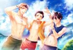  3boys :d ;) abs ahoge akuno_hideo armband ball beach black_hair blue_eyes blue_sky brown_hair clouds cloudy_sky collarbone dog_tags dutch_angle frame_(idolmaster) groin hand_on_shoulder highres idolmaster idolmaster_side-m jewelry kimura_ryuu looking_at_viewer male_focus male_swimwear midriff multiple_boys muscle navel necklace one_eye_closed open_mouth parted_lips red_eyes shading_eyes sharp_teeth shingen_seiji shiron_(shiro_n) shirt_lift shirtless sky smile smiley_face sweat swim_trunks swimwear teeth violet_eyes water wristband 