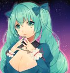  1girl breasts cleavage green_eyes green_hair hatsune_miku heart heart-shaped_pupils long_hair looking_at_viewer nail_polish solo steepled_fingers symbol-shaped_pupils twintails upper_body vocaloid yuyu_(piko01) 