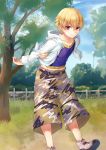  1boy blonde_hair child child_gilgamesh collarbone fate/grand_order fate_(series) gilgamesh jacket looking_at_viewer official_art open_clothes open_jacket outdoors red_eyes short_hair solo tree white_jacket 
