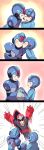  3boys 4koma android blues_(rockman) cheek_kiss closed_eyes comic emphasis_lines helmet highres holding_hands jiayu_long kiss male_focus motion_lines multiple_boys open_mouth rockman rockman_(character) rockman_(classic) rockman_x smile surprised triangle_mouth x_(rockman) yaoi 