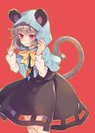  1girl ahoge animal_ears blush bow bowtie capelet cowboy_shot cutout dress embarrassed grey_dress grey_hair hood jewelry long_sleeves looking_at_viewer mouse_ears mouse_tail nazrin necklace puffy_long_sleeves puffy_sleeves red_background red_eyes short_hair simple_background solo tail tomobe_kinuko touhou yellow_bow yellow_bowtie 