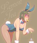  1girl animal_ears bow bowtie breasts bunny_tail bunnysuit cleavage cup detached_collar fishnet_pantyhose fishnets fukusuke_hachi-gou green_hair highres leaning_forward mouth_hold original pantyhose rabbit_ears red_eyes short_hair solo tail teabag teacup wrist_cuffs 