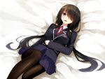  1girl black_hair blush date_a_live hair_over_one_eye jacket long_hair looking_at_viewer lying on_back on_bed open_mouth pantyhose pleated_skirt red_eyes school_uniform skirt solo tokisaki_kurumi twintails uttt very_long_hair 
