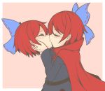  1girl belt black_shirt blue_bow blush bow cape closed_eyes commentary disembodied_head hair_bow high_collar kiss long_sleeves nose_blush pink_background profile redhead sekibanki selfcest shirt short_hair solo tamahana touhou upper_body 
