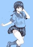  1girl ;) anchor_symbol blue blue_background closed_mouth fubuki_(kantai_collection) kantai_collection kneehighs kouji_(campus_life) low_ponytail monochrome one_eye_closed pleated_skirt ponytail short_hair short_ponytail short_sleeves simple_background sketch skirt smile solo 