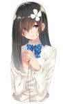  1girl blue_bow blue_bowtie blush bow bowtie brown_hair closed_mouth collared_shirt eyebrows eyebrows_visible_through_hair flower hair_flower hair_ornament hair_over_one_eye head_tilt isshiki_(ffmania7) long_hair looking_at_viewer original polka_dot polka_dot_bow polka_dot_bowtie red_ribbon red_string ribbon shirt simple_background smile solo string upper_body violet_eyes white_background white_flower white_shirt 