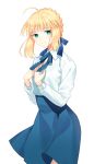  1girl absurdres ahoge blonde_hair blue_skirt blush braid eyebrows eyebrows_visible_through_hair fate/stay_night fate_(series) green_eyes hair_ribbon hands_on_own_chest highres karinzero looking_at_viewer ribbon saber shirt skirt smile solo tied_hair white_shirt 