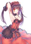  1girl armpits black_hair breasts cleavage clock_eyes collar date_a_live dress hairband heterochromia highres lolita_fashion lolita_hairband long_hair orange_eyes qiongsheng red_dress smile solo symbol-shaped_pupils tokisaki_kurumi twintails 