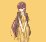  1girl akira_(natsumemo) blush dress earrings hands_together jewelry long_hair looking_at_viewer natsume_(pokemon) necklace pokemon pokemon_(game) purple_hair red_eyes simple_background sketch solo v_arms very_long_hair yellow yellow_background yellow_dress 