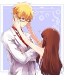  1boy 1girl alternate_costume blonde_hair bow brown_hair crossed_arms fate/extra fate/extra_ccc fate_(series) formal gilgamesh glasses hands_raised kishinami_hakuno_(female) long_hair looking_at_another red_eyes short_hair somemiya_suzume suit teardrop-framed_glasses white_suit 