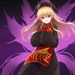  1girl blonde_hair chinese_clothes crescent energy hands_in_sleeves hat head_tilt junko_(touhou) long_hair long_sleeves looking_at_viewer note_(aoiro_clip) open_mouth red_eyes ribbon solo tabard touhou wide_sleeves 
