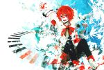  1boy boots coat fukase head_flag highres looking_at_viewer male_focus mini_flag red_eyes red_sclera redhead ruuya_higashino sitting smile solo stretch vocaloid 
