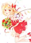  1girl blonde_hair blush bouquet bow fang flandre_scarlet flower flower_request hair_bow hat hat_bow hat_ribbon high_heels highres miniskirt mob_cap mokyuko outstretched_arm petals petticoat pink_rose pointy_ears red_bow red_eyes red_ribbon red_rose red_shoes ribbon rose sash shoe_flower shoes short_sleeves side_ponytail simple_background skirt skirt_set socks solo thigh_strap touhou white_background wings wristband yellow_rose 