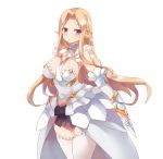  1girl blonde_hair breasts large_breasts long_hair looking_at_viewer original pink_eyes pointy_ears simple_background solo thigh-highs white_background white_legwear yostxxx 