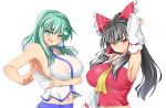  2girls :d absurdres armpits ascot bare_shoulders black_hair blue_eyes blush bow breasts clenched_teeth covered_nipples detached_sleeves frog_hair_ornament green_hair hair_bow hair_ornament hair_tubes hakurei_reimu highres kochiya_sanae large_bow large_breasts long_hair looking_at_viewer mokkori9 multiple_girls navel open_mouth ponytail red_eyes shirt_pull sideboob sidelocks smile sweat teeth toned touhou v 