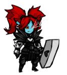  armor fang fusion gauntlets hammer highres league_of_legends poppy red_eyes redhead tag twintails undertale undyne_the_undying yellow_sclera zana 