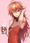  1boy androgynous bare_arms bare_shoulders character_print coffee_mug dress fate/grand_order fate_(series) hair_ornament hand_in_hair long_hair looking_at_viewer male_focus md5_mismatch one_eye_closed otoko_no_ko rama_(fate/grand_order) red_dress red_eyes redhead shijiu_(adamhutt) sita_(fate/grand_order) solo twintails upper_body very_long_hair 
