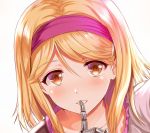  1girl :d arudehido bangs blonde_hair blush collarbone djeeta_(granblue_fantasy) eyebrows eyebrows_visible_through_hair face finger_to_mouth frills gauntlets granblue_fantasy hair_between_eyes hairband index_finger_raised light_smile lips looking_at_viewer open_mouth short_hair shushing smile solo tareme upper_body yellow_eyes 