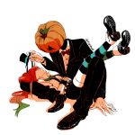  1boy 1girl bow bowtie fingerless_gloves formal gloves hatsune_miku kuroha_ai looking_at_another looking_down lying monster_boy mrs.pumpkin_no_kokkei_na_yume_(vocaloid) on_back orange_hair pumpkin simple_background suit suspenders twintails twitter_username vocaloid white_background white_gloves 