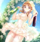  1girl alternate_costume bangs beads blue_sky bottle breasts brown_eyes brown_hair buckle bush clouds cowboy_shot dress earrings eyebrows eyebrows_visible_through_hair flower from_below garter_straps gorua_(youce01) grin hair_beads hair_flower hair_ornament hair_over_shoulder holding idolmaster idolmaster_cinderella_girls jewelry katagiri_sanae lace-trimmed_dress large_breasts light_particles looking_at_viewer low_twintails necklace outdoors rose sake_bottle sky sleeveless sleeveless_dress smile solo strap_gap thigh-highs twintails veil wedding_dress white_dress white_flower white_legwear white_rose wine_bottle 