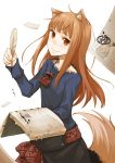  1girl animal_ears ayakura_juu book brown_hair craft_lawrence feathers highres holding holding_book holo ink jewelry long_hair necklace official_art paper pen quill red_eyes smile solo spice_and_wolf tail white_background wolf_ears 